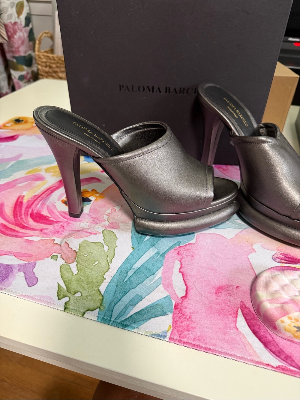 Paloma Barcelo Palma Metallic Pewter Open-Toe Platform Mules
